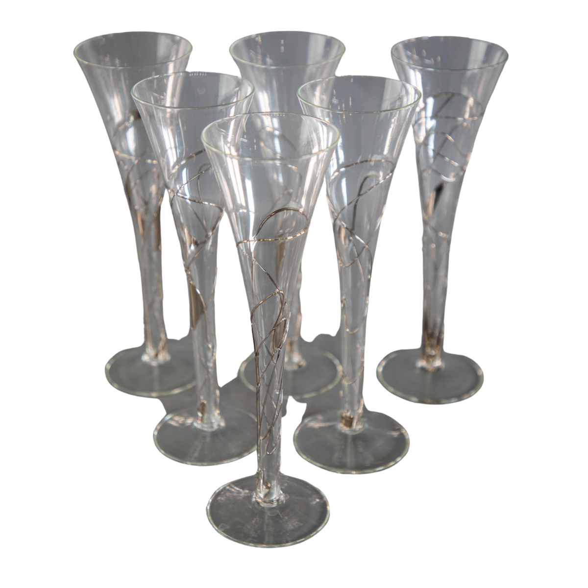 Romanian Hollow Stem Fluted Champagne Glasses with Silver Detailing