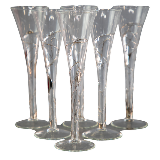 Romanian Hollow Stem Fluted Champagne Glasses with Silver Detailing
