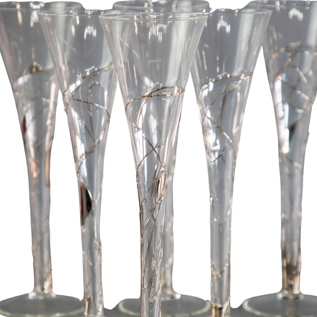 Romanian Hollow Stem Fluted Champagne Glasses with Silver Detailing