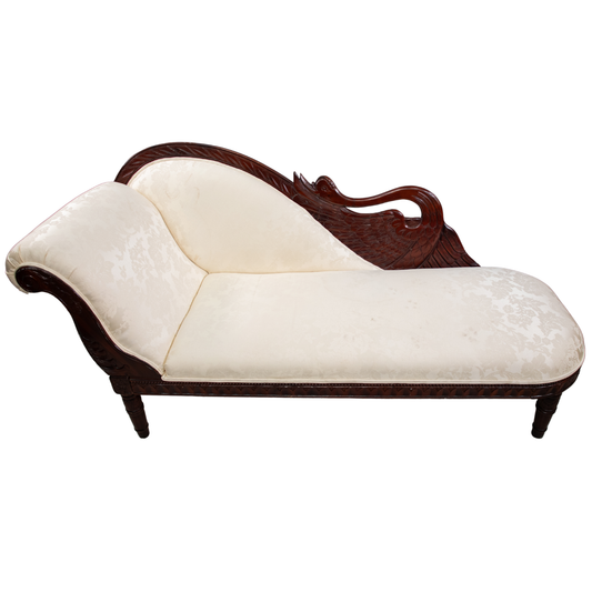 Vintage Cherry Wood Couch with Ivory Cushions