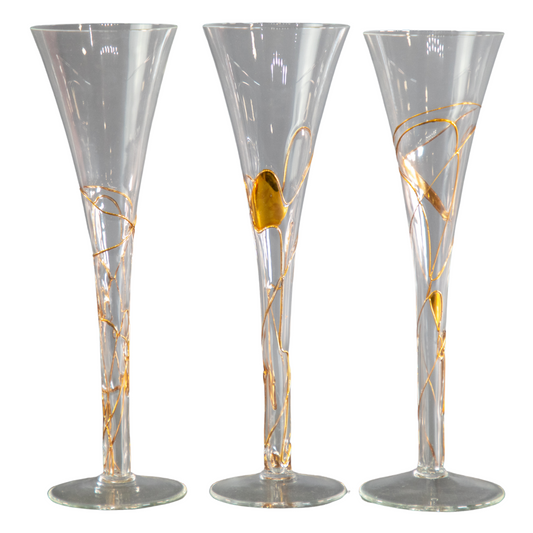 Romanian Hollow Stem Fluted Champagne Glasses with Gold Detailing
