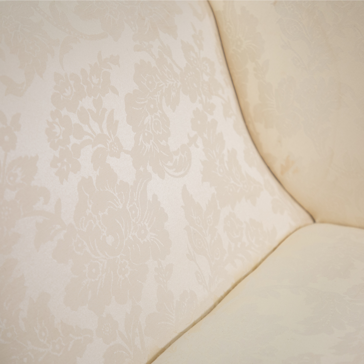 Vintage Cherry Wood Couch with Ivory Cushions